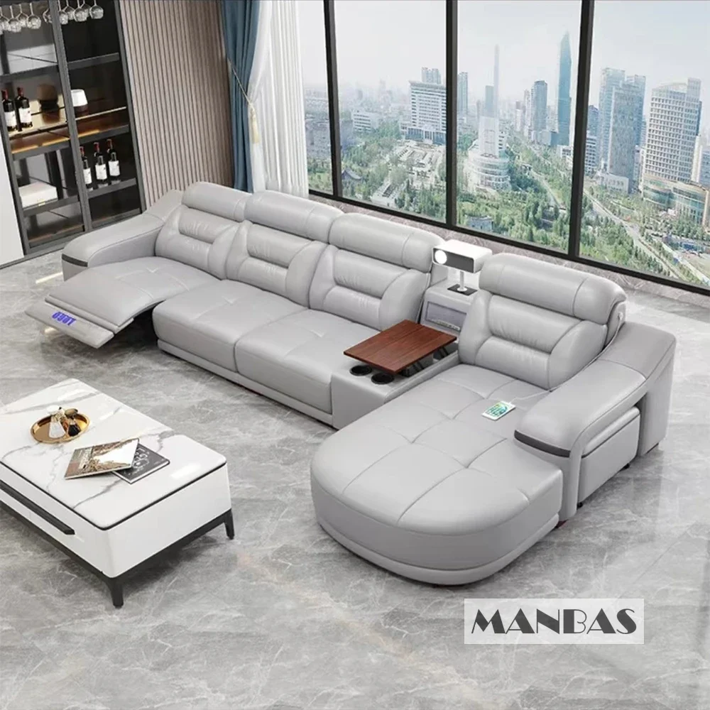 MANBAS Genuine Leather Living Room Sofas Sets Power Reclining Couch Electric Recliners With Projector, USB, Speaker & Cup Holder