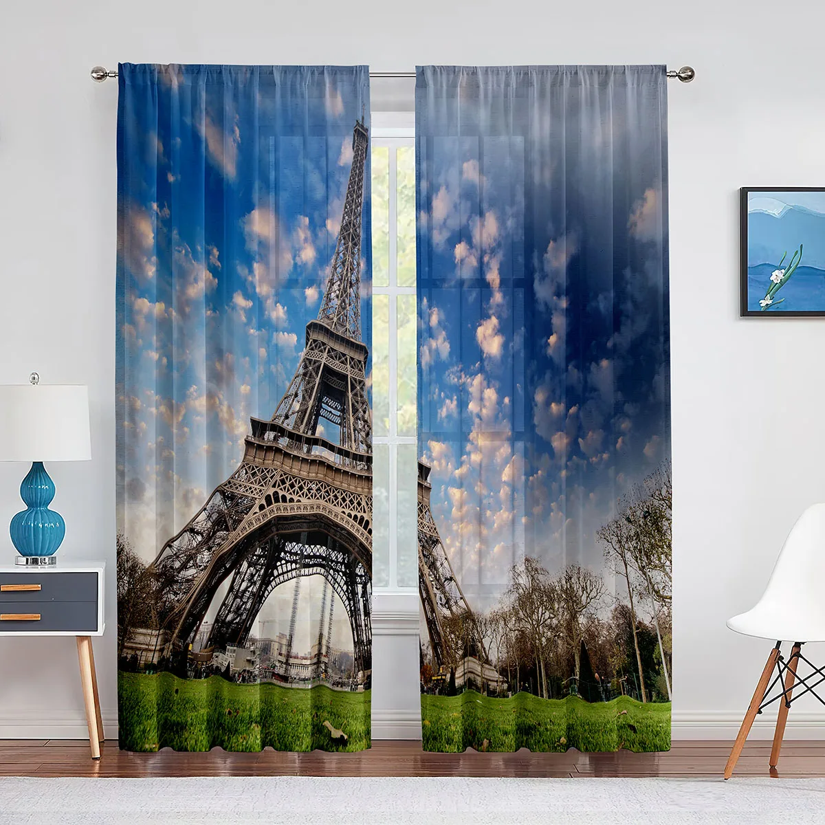 Eiffel Tower Paris Famous Landscape Sheer Curtain for Living Room Bedroom Voile Drape Kitchen Window Tulle Treatment Curtains