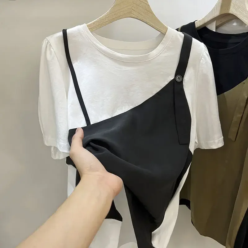 

Women Clothing Summer Shirts Patchwork Fake Two Piece T Shirt Casual O Neck Short Sleeve Tees Streetwear Chic Loose Tunic Tops