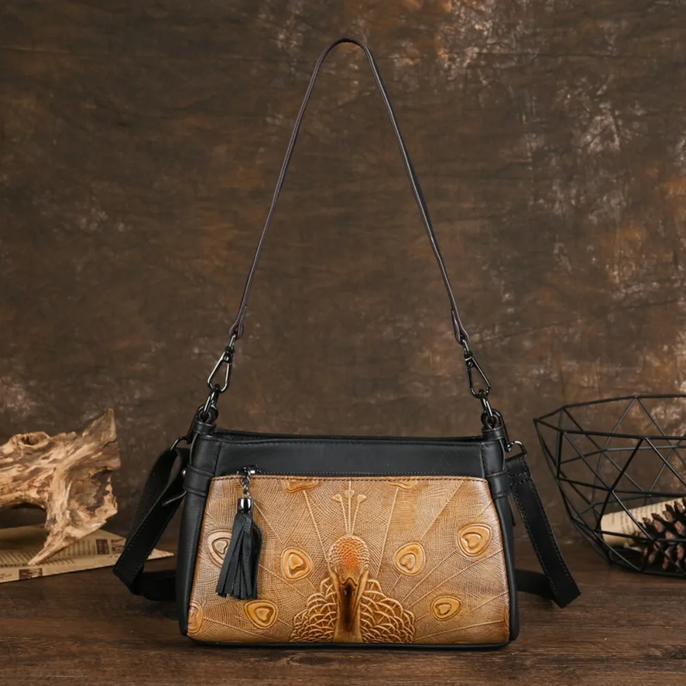 

2026 New Women's Vintage Genuine Leather Handbag Middle-Aged Mom's Embossed Shoulder Purse Retro Floral Crossbody Bag