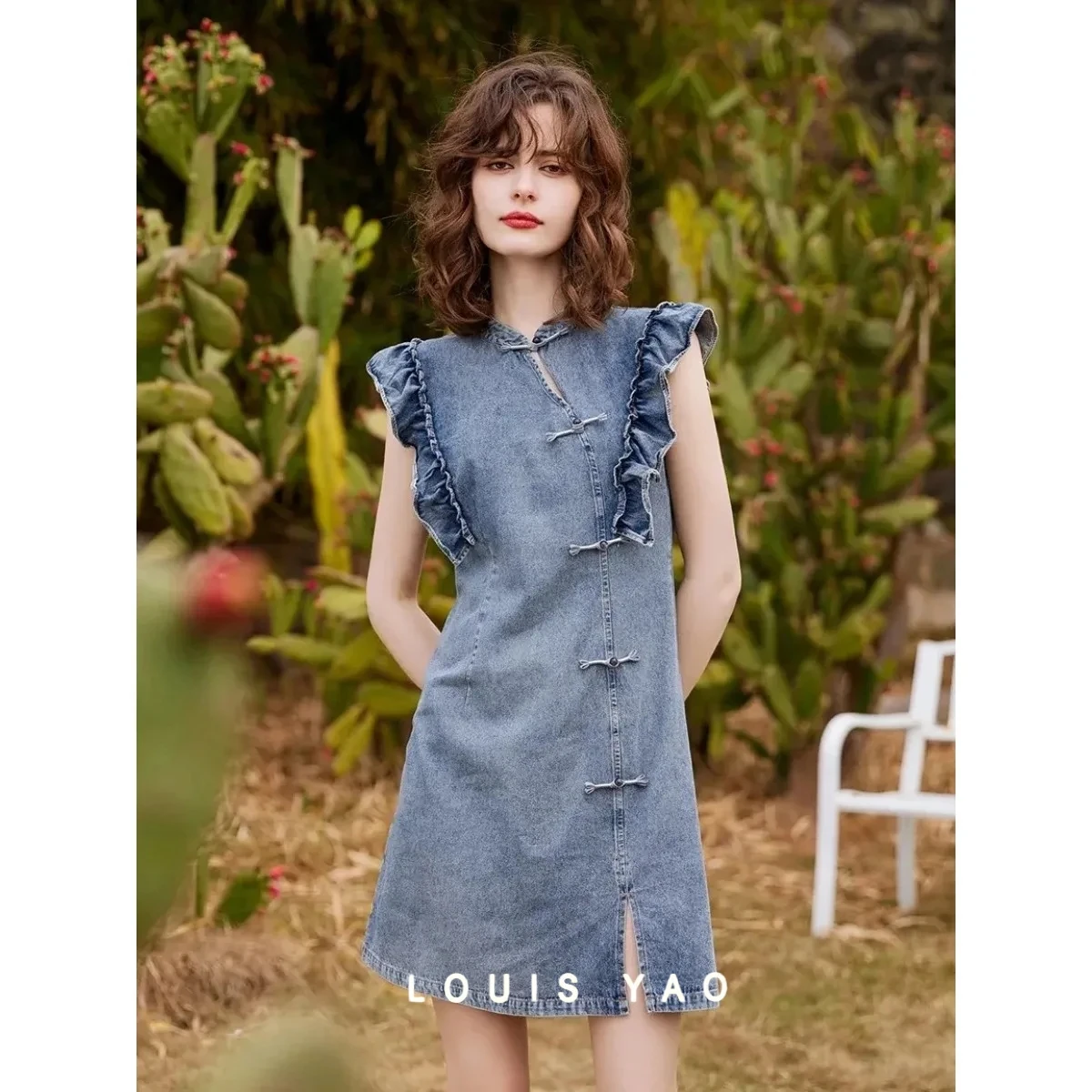 

Stand Neck Indie Folk Button Denim Dress New Flounced Edge Women's Dress Slim Long Dresses Female Clothing Summer New 2025