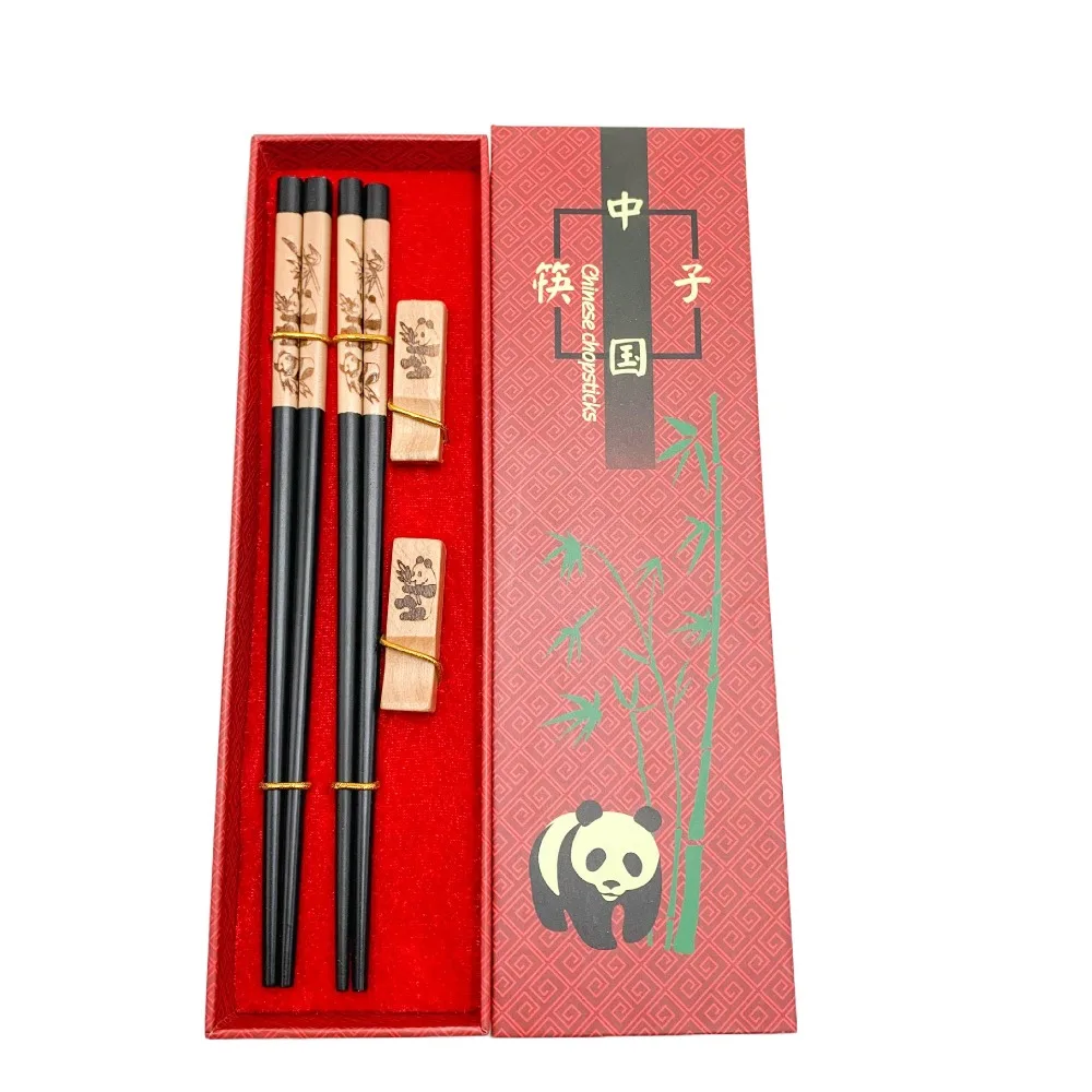 2 Pair With Chopstick Rest Panda Chopsticks Gift Set Natural Wooden Non-slip Chinese Chopstick Laser Engraving Sushi Chopsticks