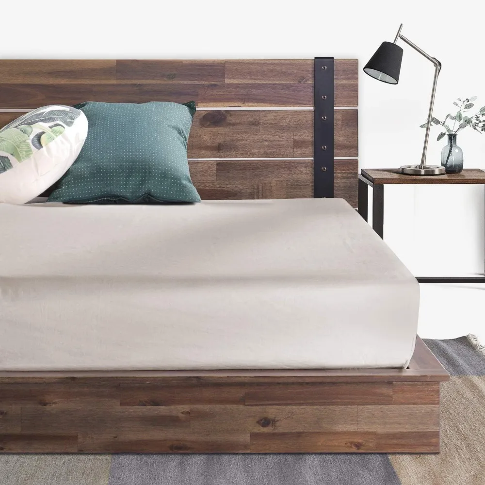 Metal and Wood Platform Bed Frame, Solid Acacia Wood Mattress Foundation, No Box Spring Needed, Easy Assembly,Full