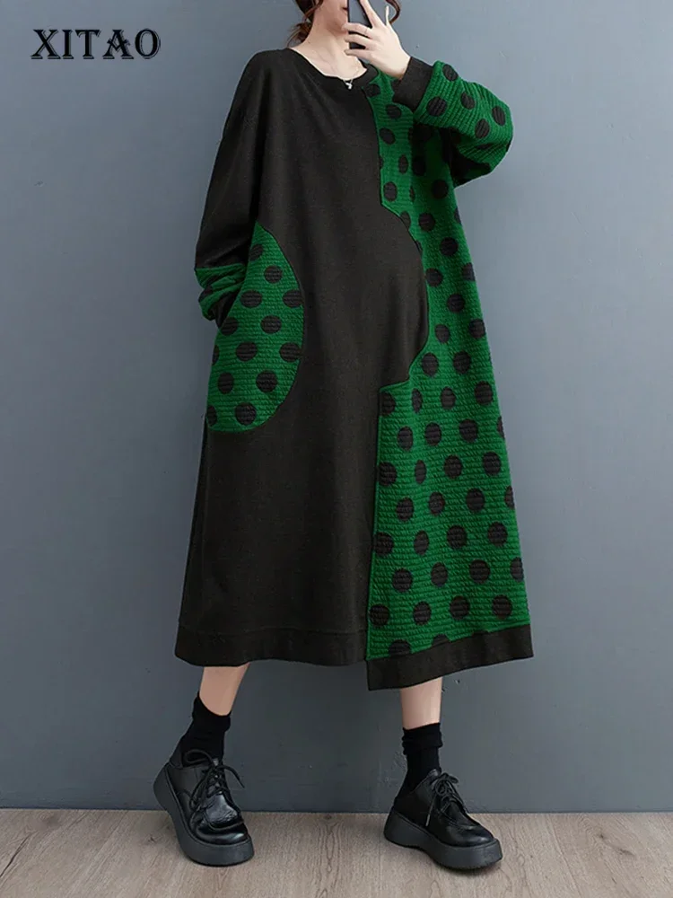 

XITAO Long Sleeve Dress Irregular Contrast Color Dot Print Patchwork Women Loose A-line Dress 2024 Spring New Women ZZ0227