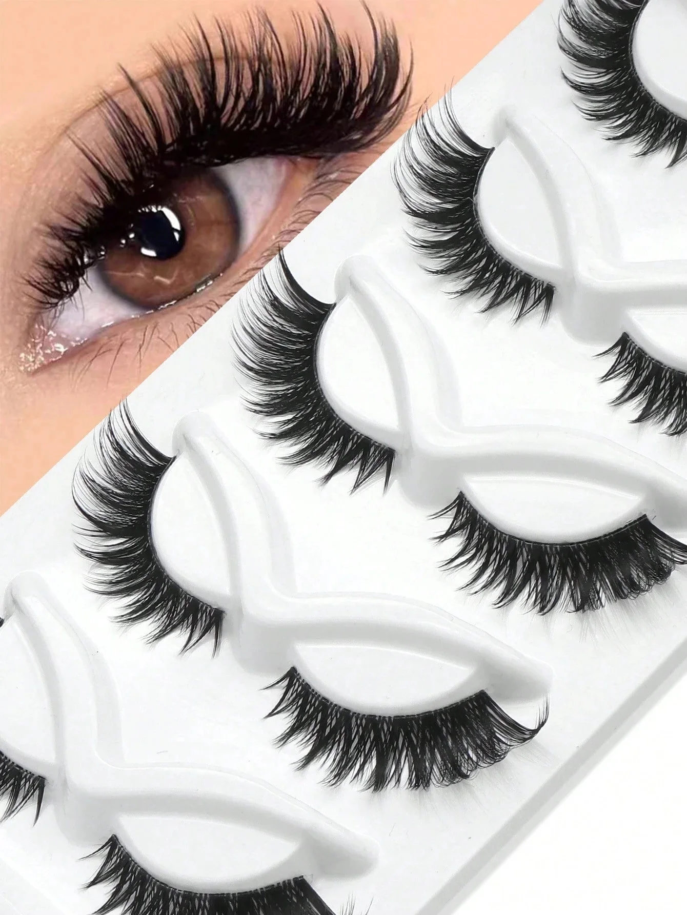 5 pairs of black stem long tube cat eye eyelashes, natural appearance, soft curl up, peak expansion, comic style, dramatic eyela