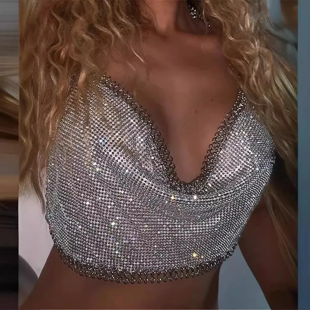 

Fashion Women's Nightclub Strapless Backless Metal Strap Camisole Crop Top LBZ633
