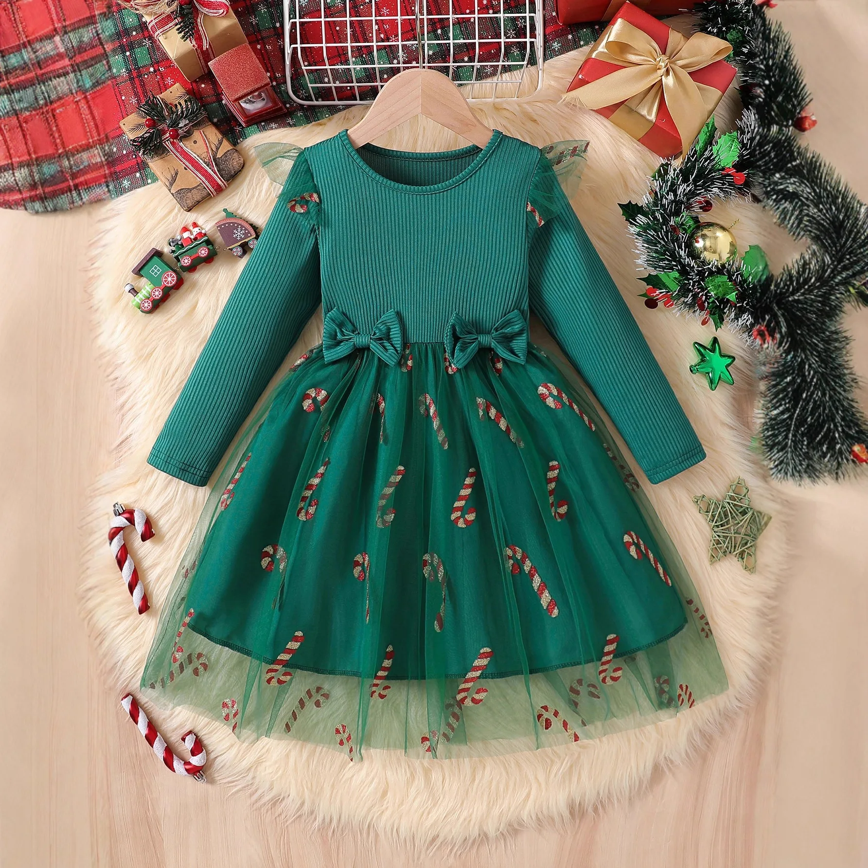 

Girls' Long Sleeved Dress 2025 Spring and Autumn New Style Splicing Mesh Skirt Bow Western Princess Skirt
