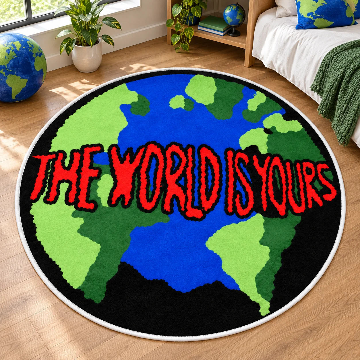 World Globe Quote Shaped Area Rug, Inspiring Motivational Floor Mat for Bedroom Living Room Office, Bold Modern Home Decor Gift