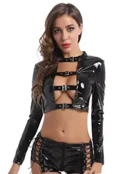 Women Wet Look PVC Long Sleeve Tee Shirt Hollow Out See Through Hot Sexy Crop Tops Bustier Top Shiny PU Leather Croptop Clubwear