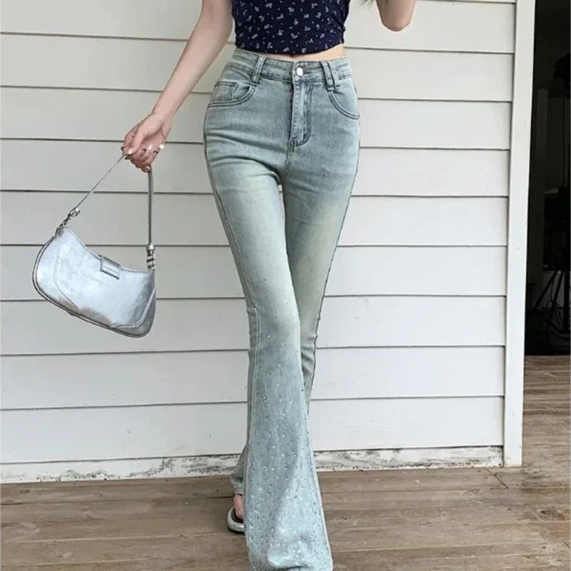 2025年秋 レディース ヴィンテージ フレア ジーンズ ラインストーン付き ベルボトム デニムパンツ ストリートウェア Y2K グランジ オリジナル ストレッチ トラウザーズ