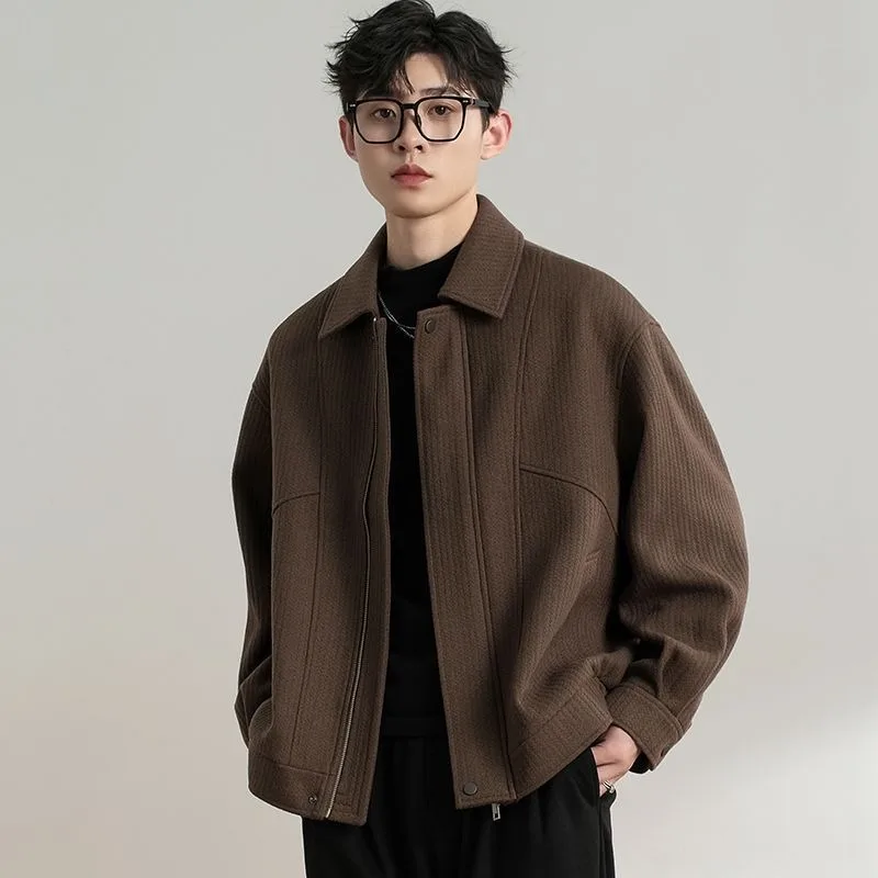 Men Lapel Twill Texture Solid Jacket Loose Trendy Casual Outerwear For Autumn Winter