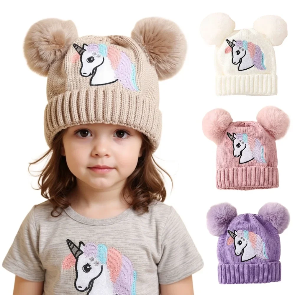 New Cartoon Horse Knitted Winter Baby Hat Outdoor Boys and Girls PomPom Ball Hat for Kids Autumn Warm Infant Hats Toddler Bonnet