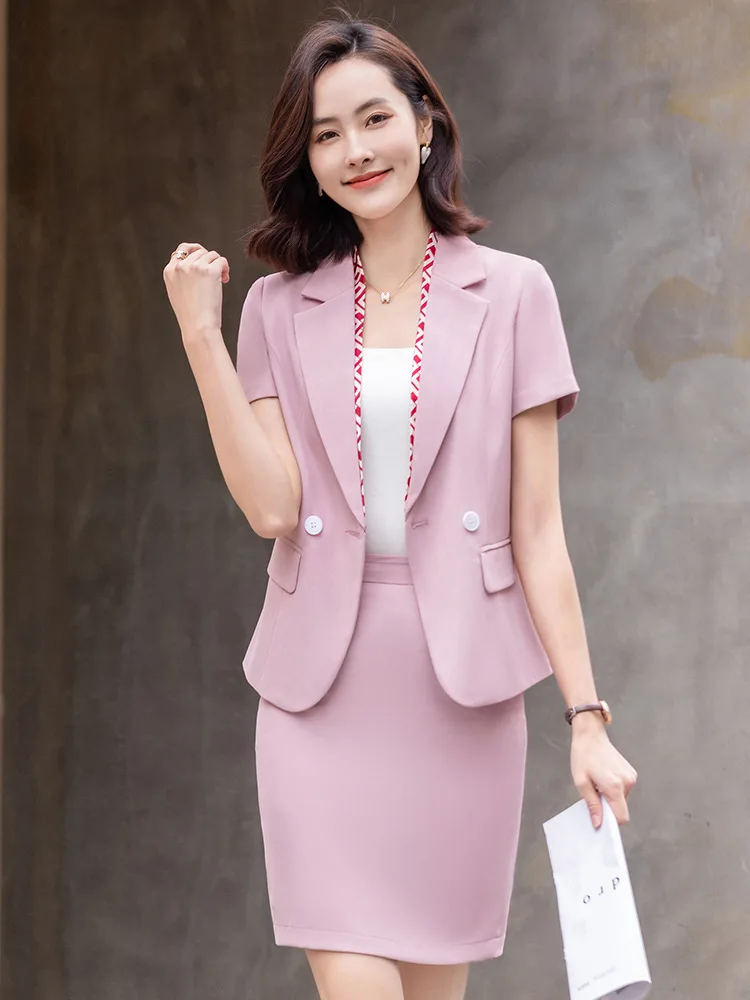 

2023 Summer Short Sleeve Solid Color Pink Fashion Work Uniforms Professional Skirt Suit Women's Pants Formal Suit