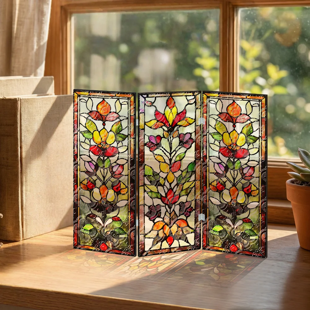 Painted Acrylic Folding Screen Table, Begonia Pattern Translucent Screen Decorative Painting Entrance Counter Tabletop Ornaments