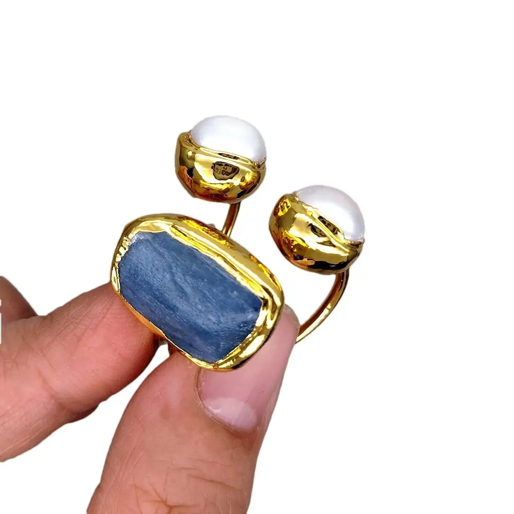 YYGEM الأحجار الكريمة الطبيعية النحاس الأبيض اللؤلؤ 15x22mm الأزرق الكيانيت خواتم الاصبع قابل للتعديل #2