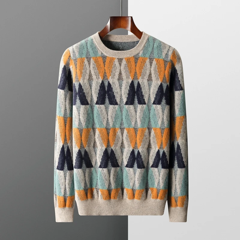 100% sweter z dzianiny z dzianiny z wełny merynosów w stylu Vintage z kaszmiru, męski sweter z okrągłym dekoltem, luźny, duży, pogrubiony Top