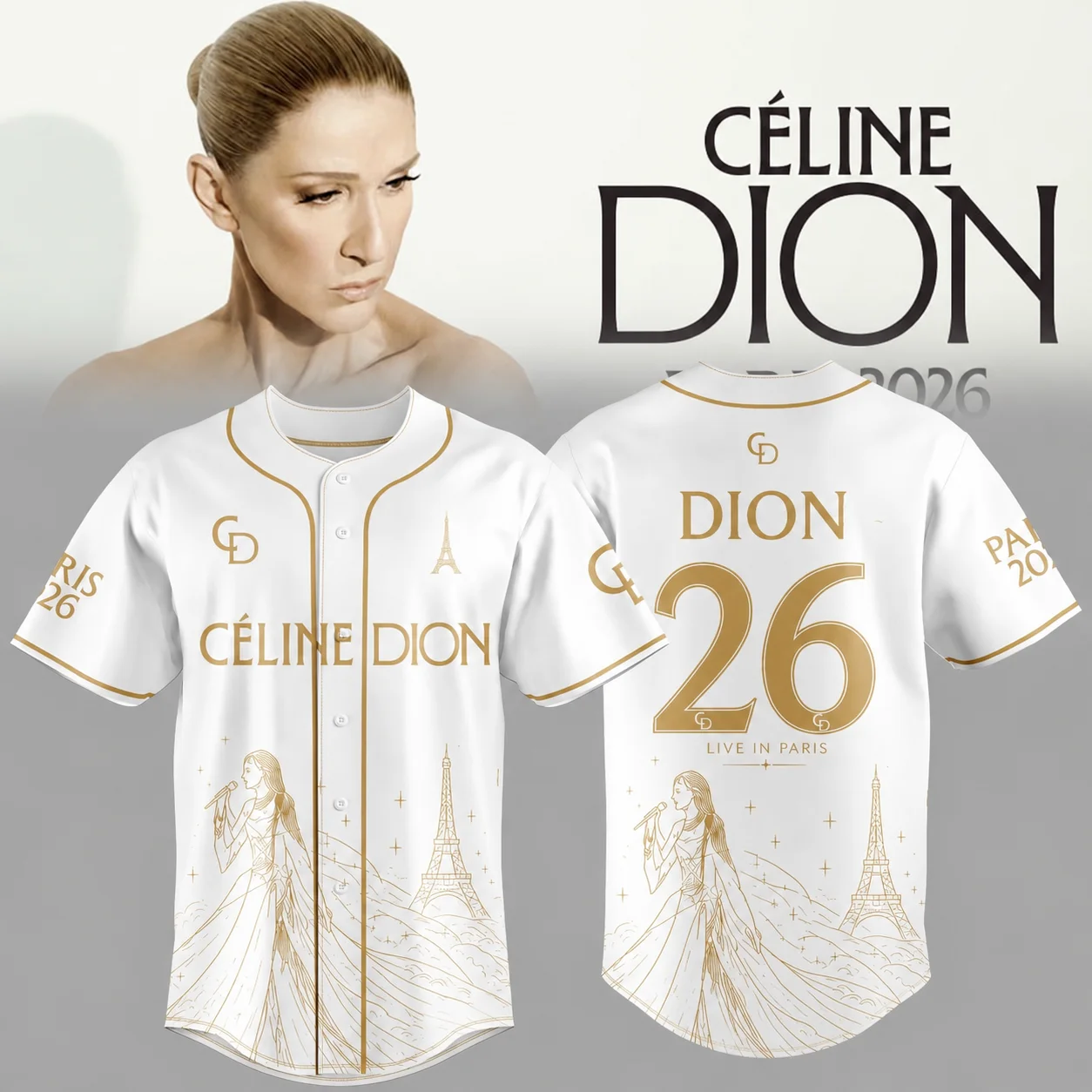 Celine Dion Paris 2026 Tour Baseball Jersey Gold Line Print Unisex Short Sleeve Button‑Up Shirt Fan Gift for Concert Party Daily