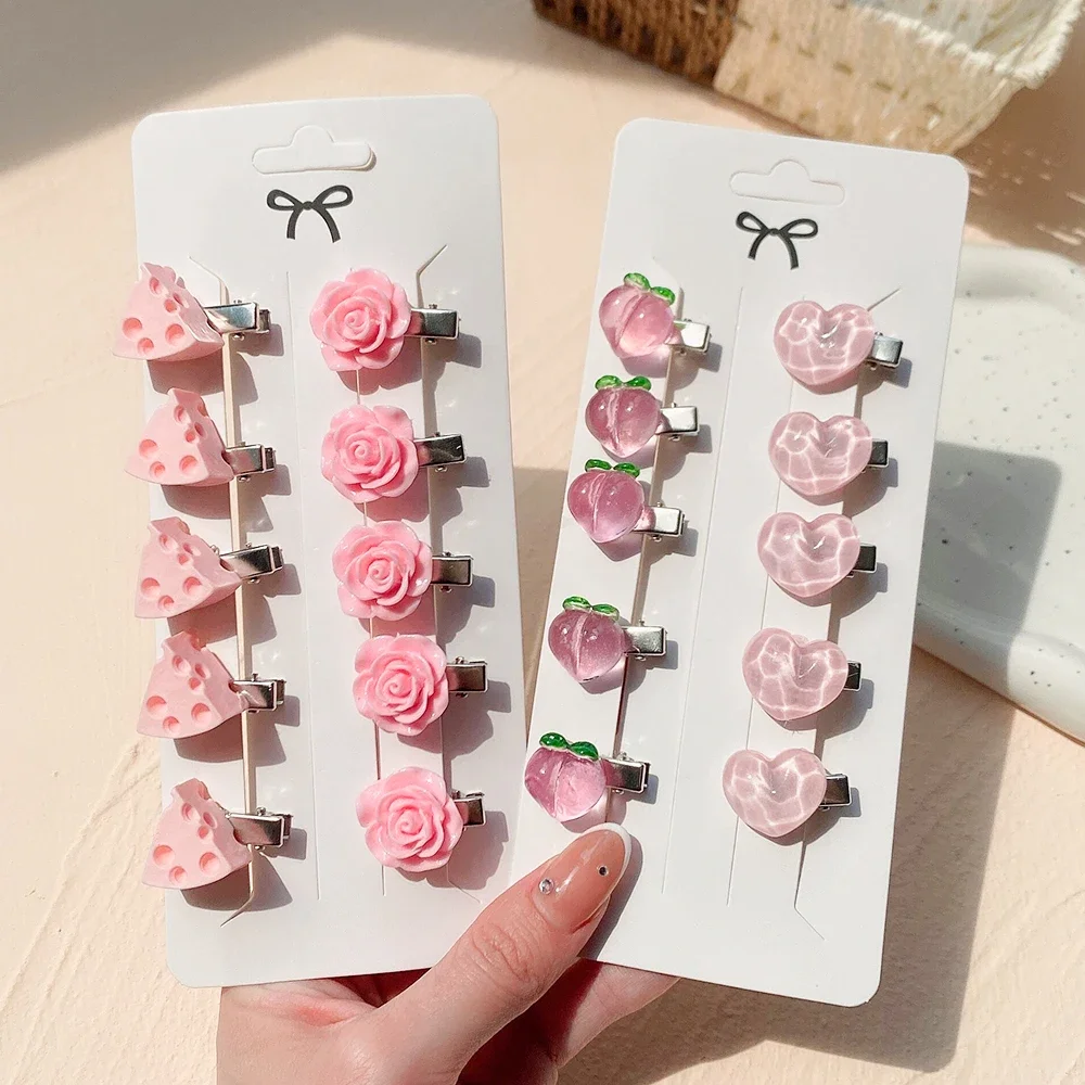 5Pcs/Set Cute Pink Mini Bows Hair Clips for Girls Lovely Heart Hairpins Cartoon Flower Handmade Headwear Kids Hair Accessories