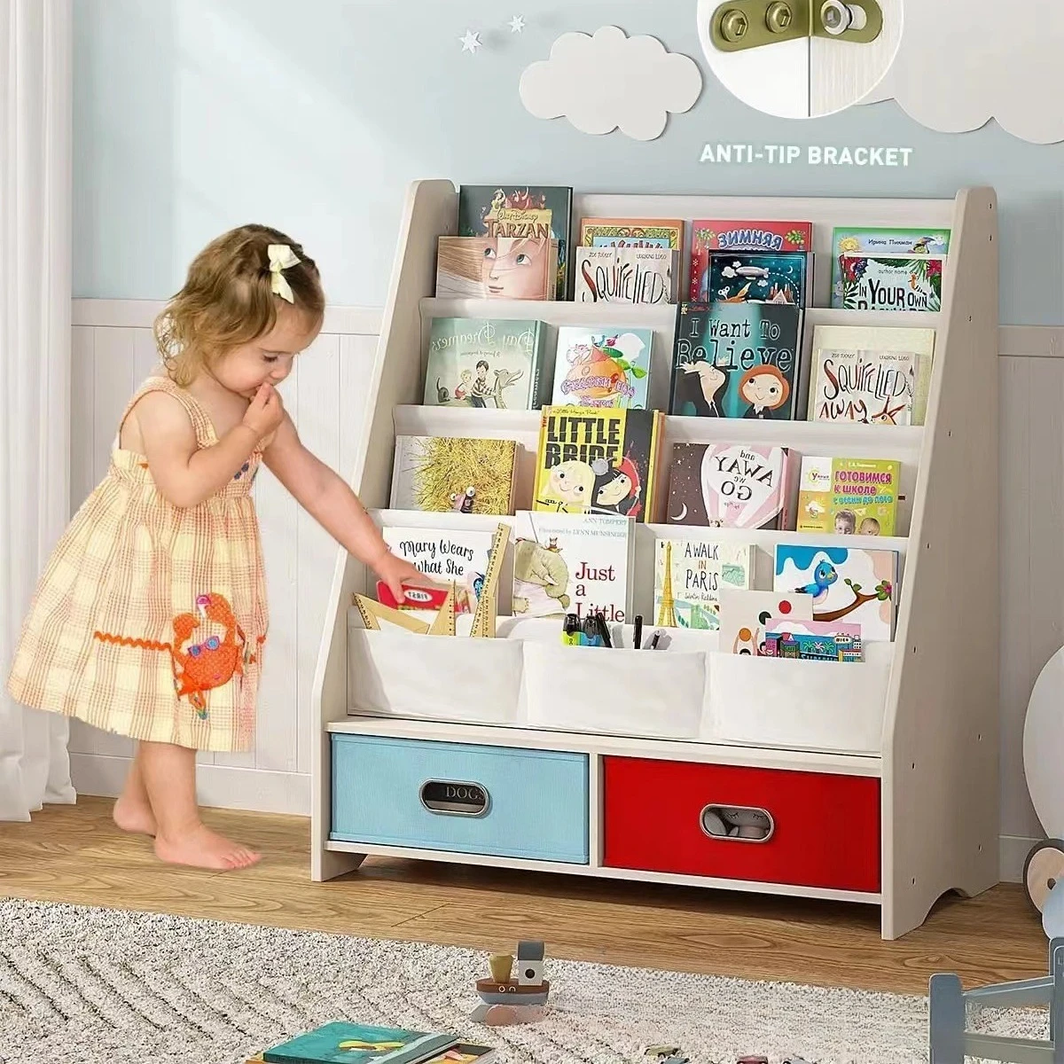 Sturdy Kids Bookshelf 5-Tier Book Shelf for Toddler Room Nursery Room Playroom Classroom Deep Slings to Keep Books Upright