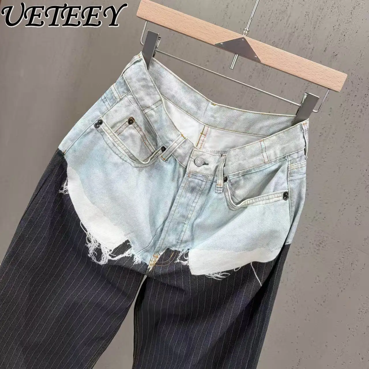 

2026 Spring/Summer Printed Striped Patchwork Denim Design Wide-Leg Pants Casual Versatile High-Waisted Straight-Leg Trousers