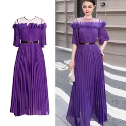 2024 Nowa elegancka letnia fioletowa siatkowa trójwymiarowa patchworkowa szyfonowa sukienka damska O Neck Holiday Belt Pleated Long Dress