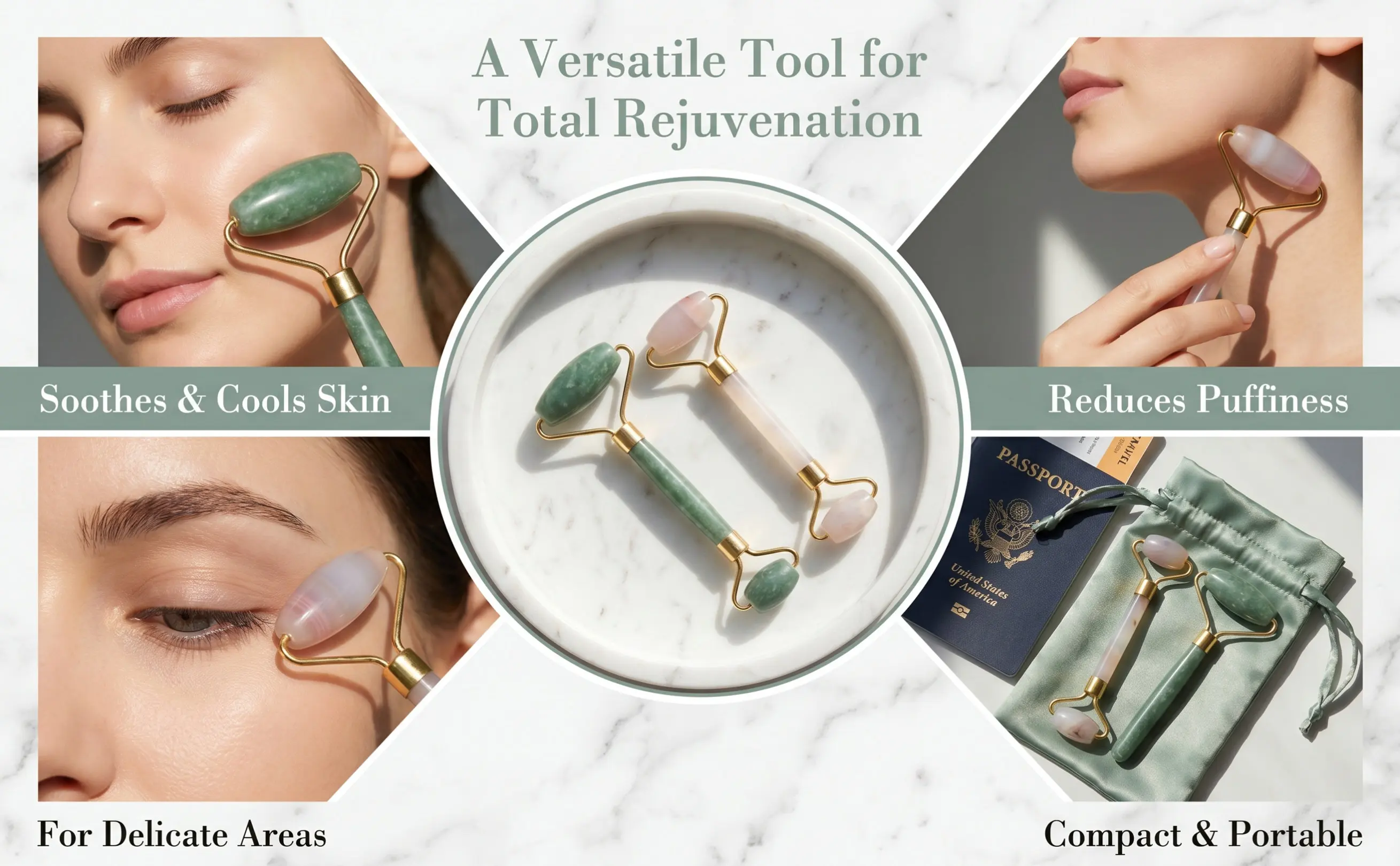 Jade Roller Set 2 Piece Facial Massage Tools for Face Eyes Body Cooling Soothing Skin Care Ergonomic