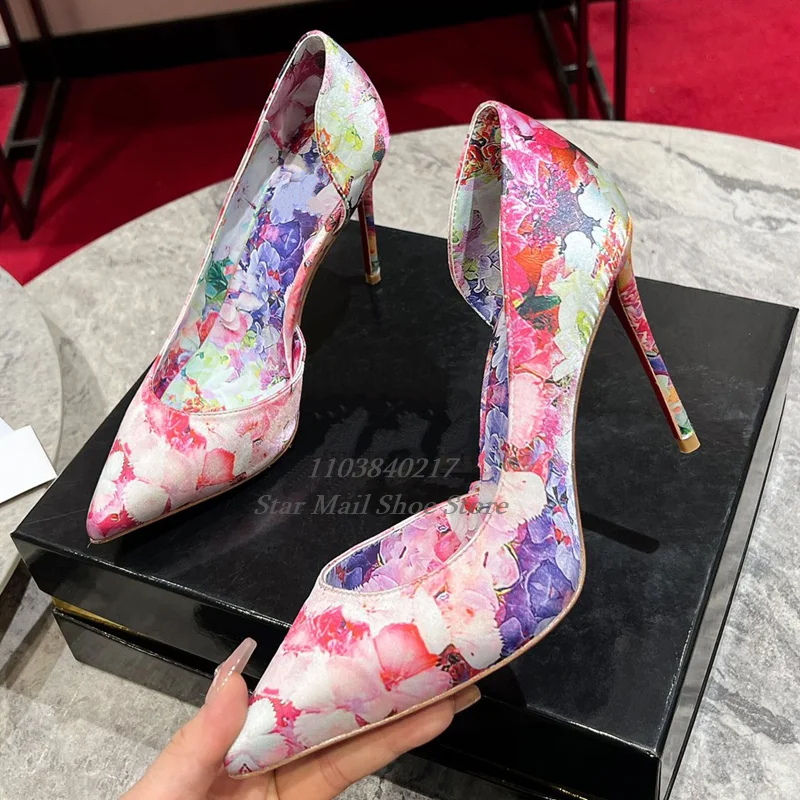 Colorful Flower Printed Shallow Mouth Women Sandal Trendy Pointed Toe Slip On High Heel Retro Women Shoe Luxury Party Dress Shoe