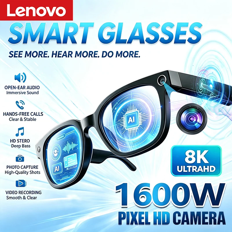 Lunettes intelligentes Lenovo AI 8K avec télécommande, appareil photo tactile, enregistrement, traducteur, assistant vocal, Bluetooth sans fil
