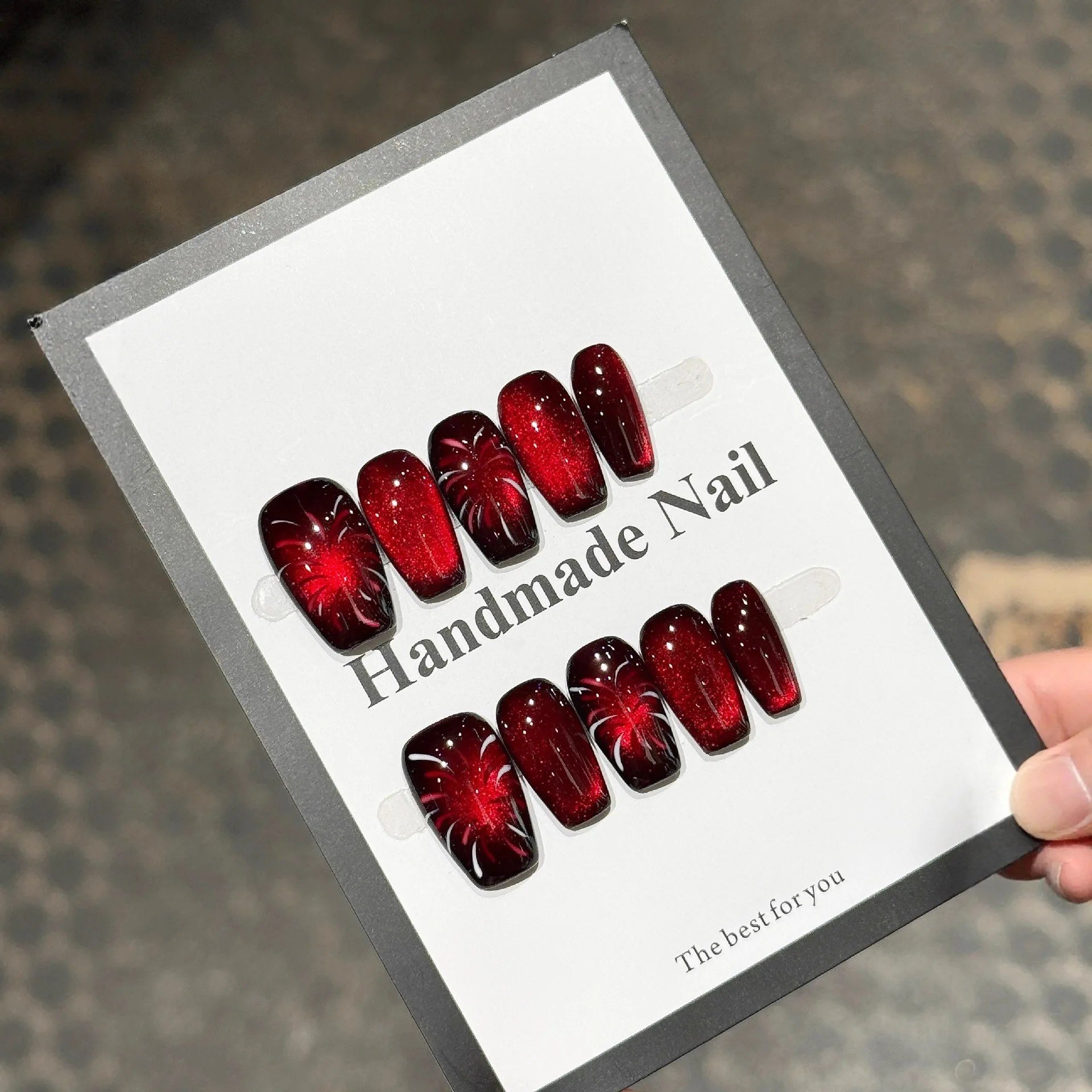 

10PCS Handmade Press on Nails Ladder Hand-painted Cat Eyes Design Flash Red Purely Handmade Nail-wearing Nail Tips
