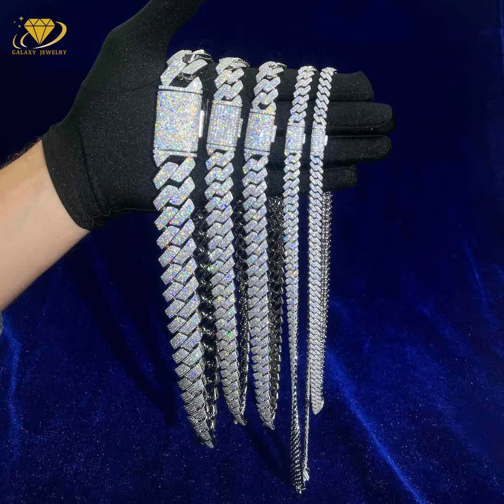 Cuban .Diamond Moissanite Chain 6mm-20mm Width Hip Hop Jewelry Silver 925 White/Yellow/Rose Gold Moissanite Cuban Link Chain