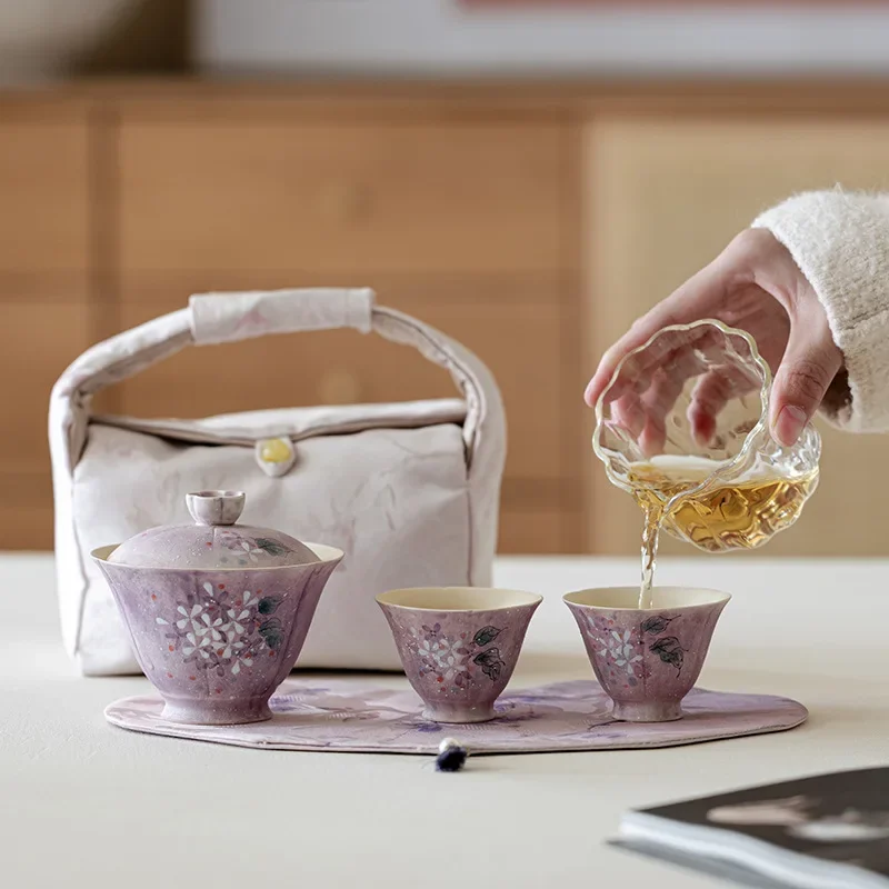 Travel Portable Tea Set Women's Quick Guest Cup One Pot Two Cups Cover with Cloth Bag One Bowl Three Cup Ceramic Purple Tea Cup