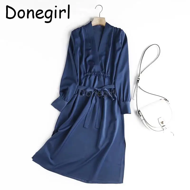 Donegirl 2023 Women Spring Summer New Long Sleeve Silky Solid Dress V-neck Waist Lacing Elegant Simple Long Dresses Vestidos