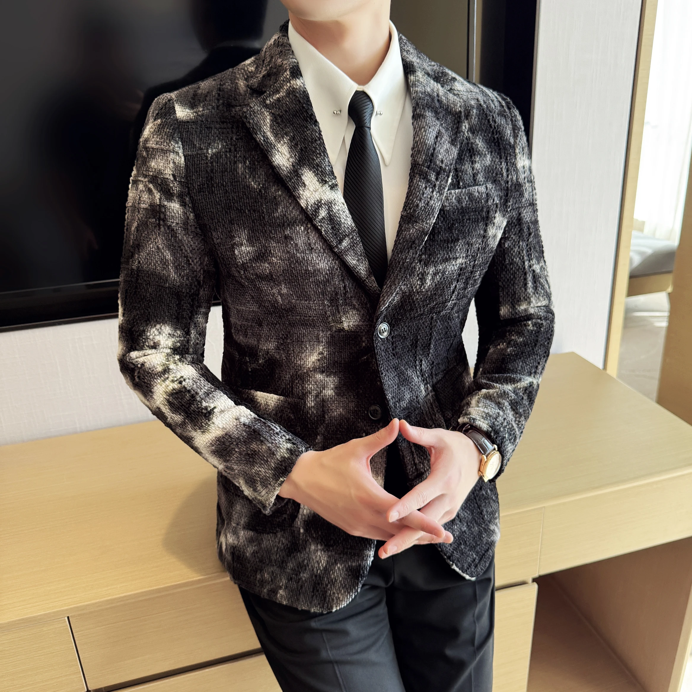 Hoge Kwaliteit Tie Dye Chenille Mannen Mode Casual Jasje Herfst Winter Nieuwe Koreaanse Slim Fit Sociale Trouwpak Blazer