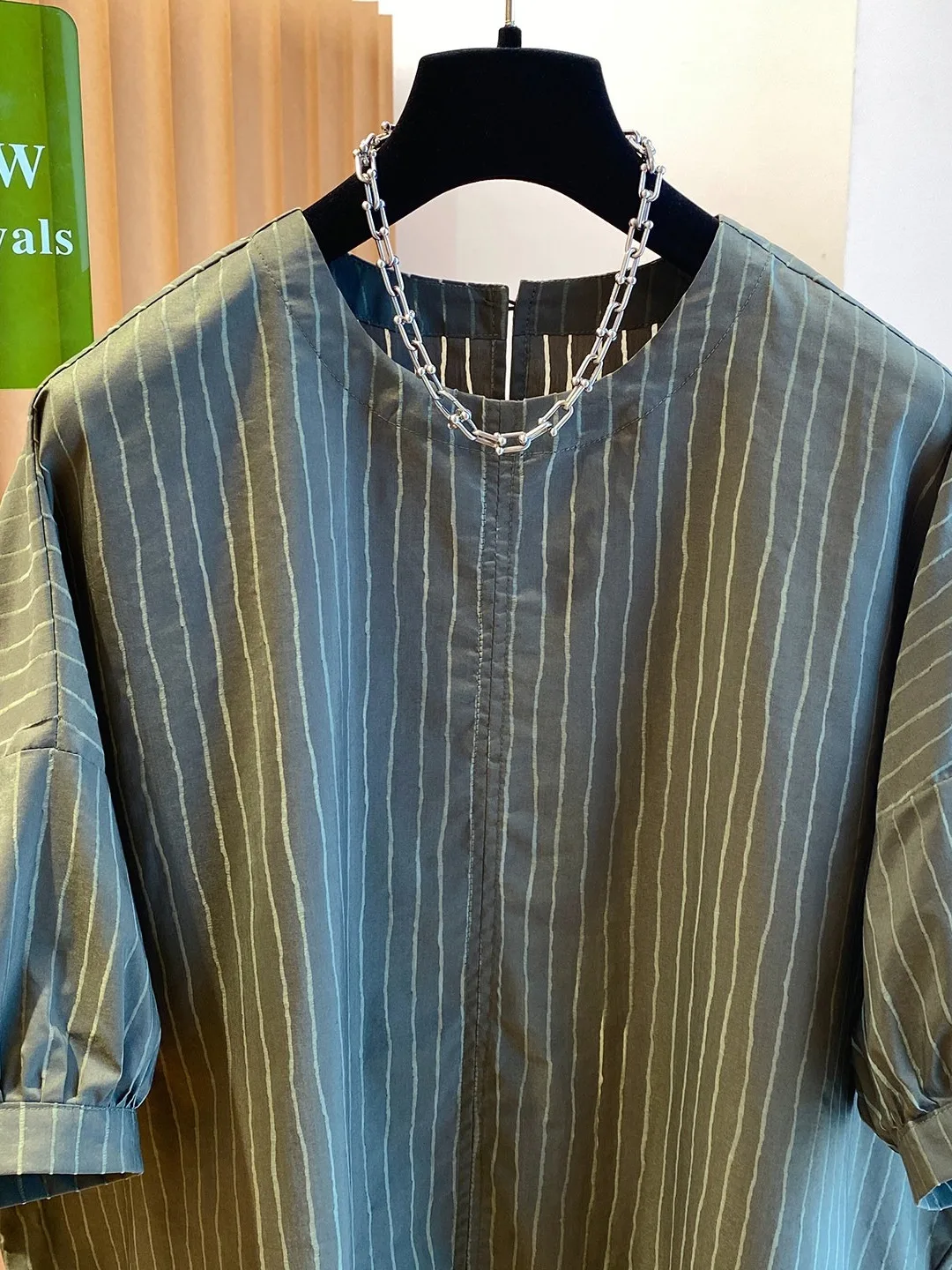Loose Striped Shirt Lazy Style New 2026 Overhead round Neck plus Size Summer Women's Polyester Cotton Blend Short Sleeve