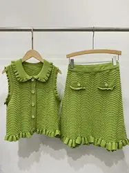 Mini-saia de malha ondulada feminina, colete sem mangas, cintura alta, casual, gola virada para baixo, plissado, sólido, moda feminina, novo, 2 peças