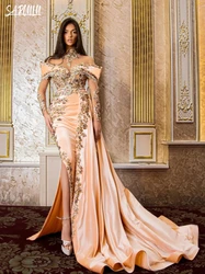 Velvet High Neck Evening Dress Party Kaftan Prom Dress Customized Luxury Gold Appliques Beading Crystals Gown Vestidos De Gala