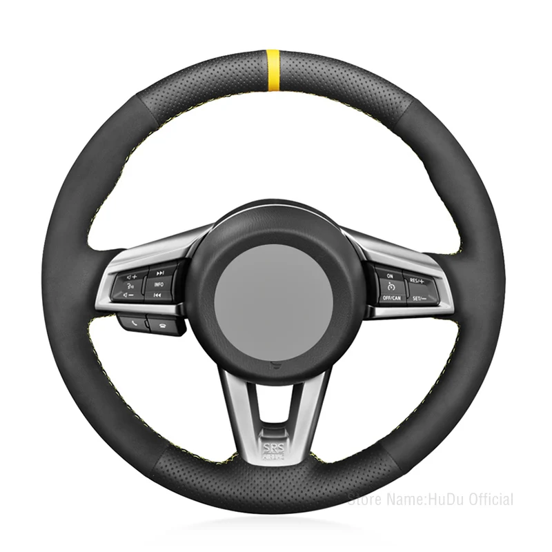 Steering Wheel Cover for Mazda MX-5 2015-2020 Miata 2015-2020 Hand-stitched Black Faux Suede Leather Yellow Marker No-slip