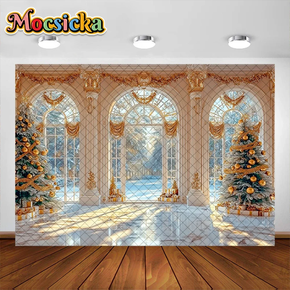 Mocsicka Photography Background Christmas Tree Golden Window Decoration Kids Holiday Portraits Photo Backdrops Studio Props