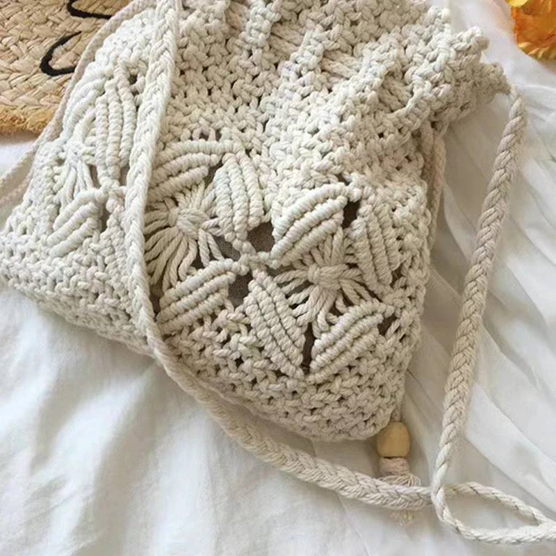 New woven forest crossbody bag cotton thread small fresh hollow bucket bag versatile vacation beach bag baby diaper bag