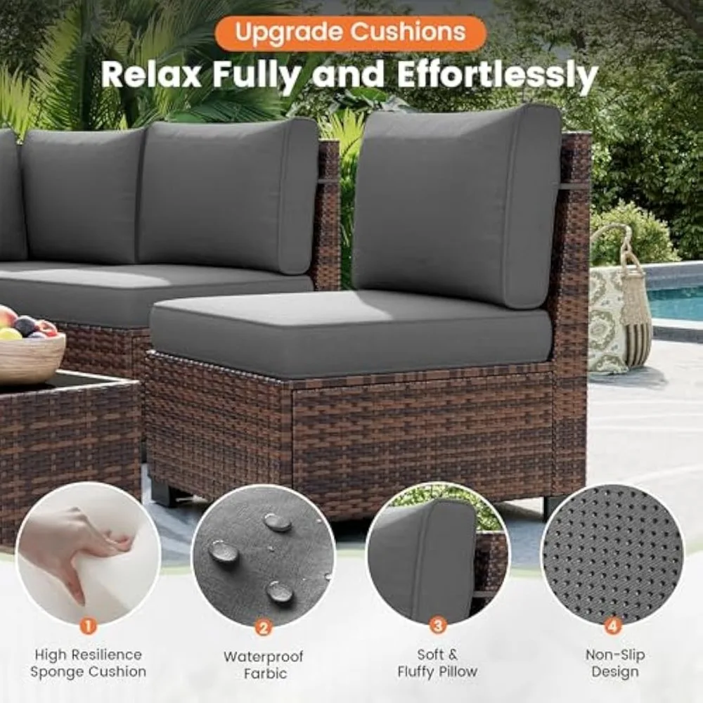 Conjunto de sofá secional externo com apoio de braço de 8 polegadas, móveis de conversa de vime de 6 peças para pátio