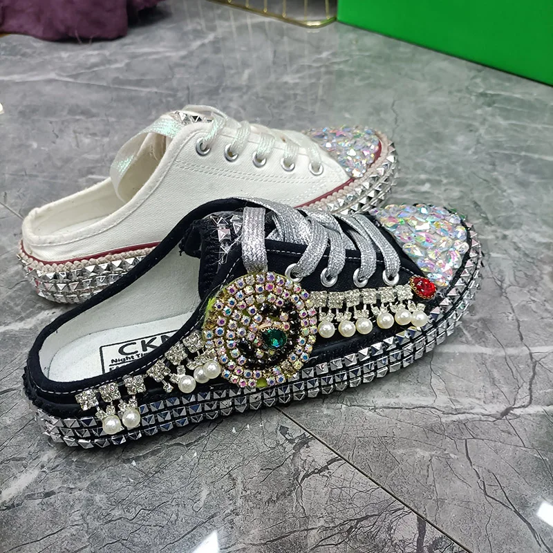 Summer Women\'s Canvas Shoes Rhinestone Diamond Handmade Rivet Half-Slippers Round Toe Low-Heel Casual Flat Shoes Female Sneakers