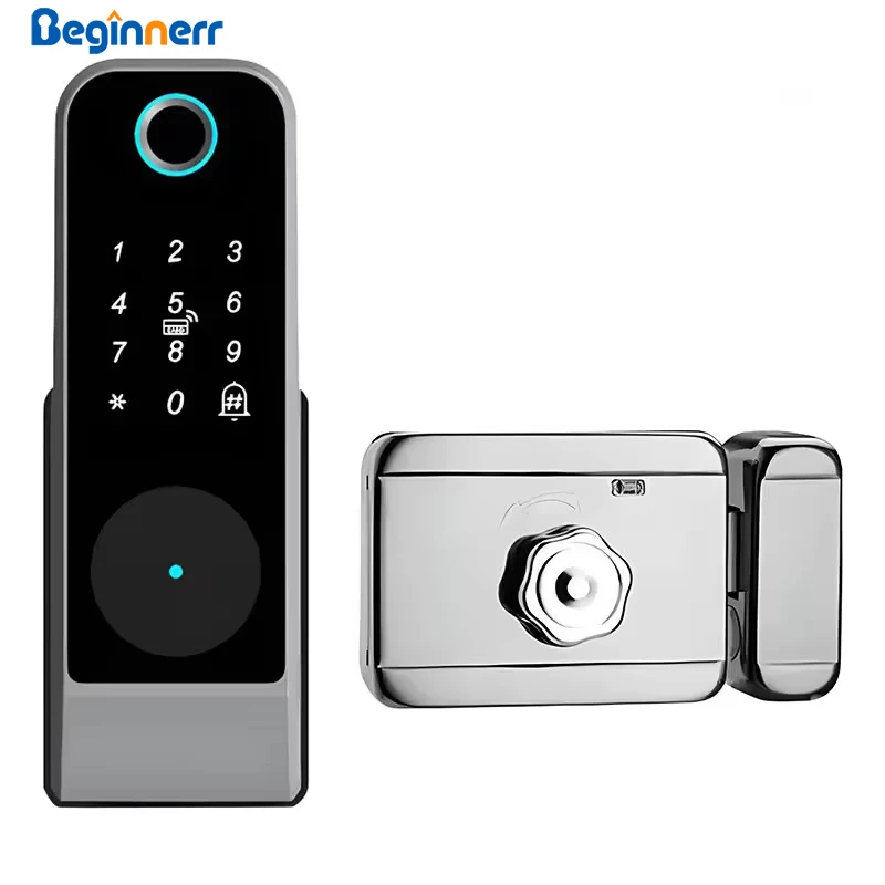 Waterproof Ttlock Tuya Smart Electronic Rim Lock Exterior Steel Door Electric Digital Fingerprint Code Lock for Apartment Gate