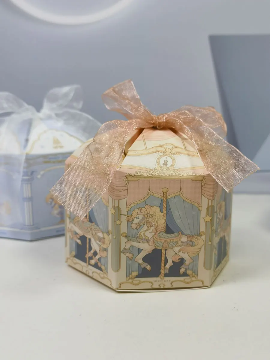 Baby Blue Candy Boxes Carousel Series Stylish Design Hexagon Birthday Party Favor Gift Box for Wedding Bridal Shower Baby Shower