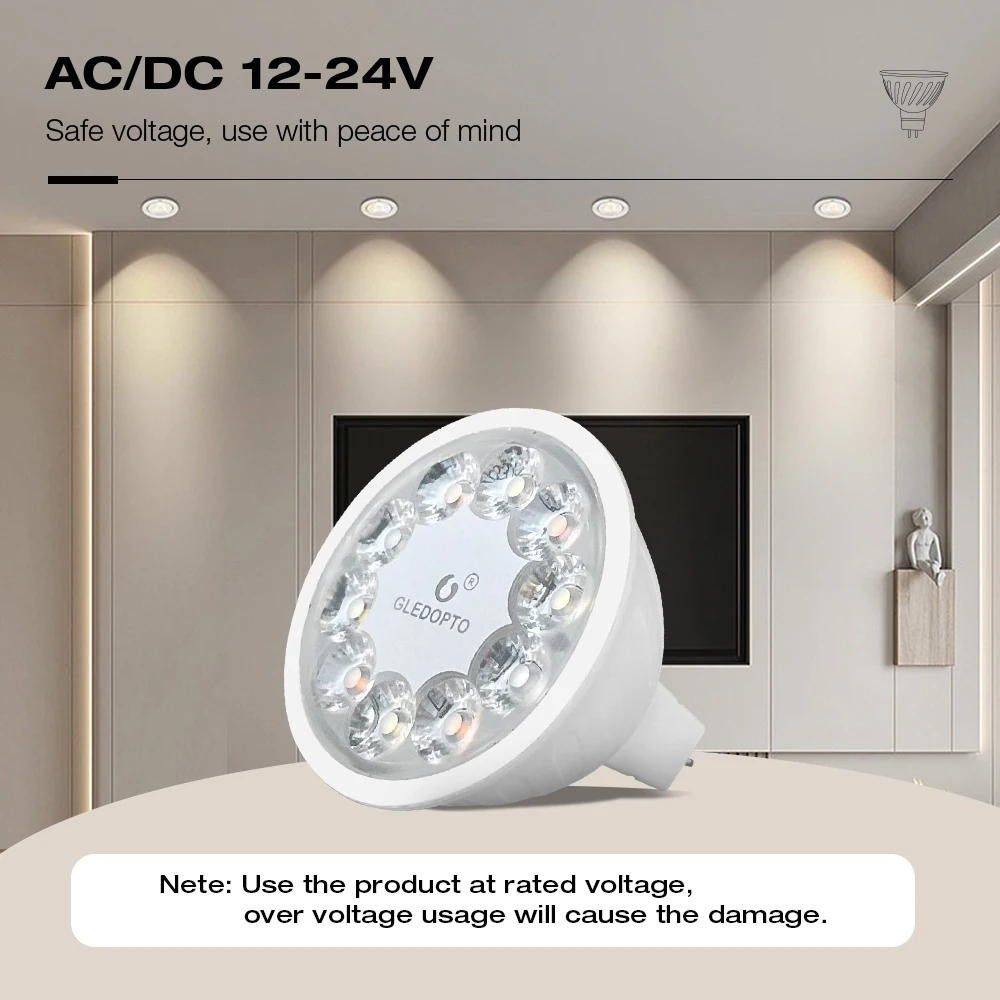 Gledopto Zigbee 3.0 LED Spotlight 5W MR16 Pro RGB+CCT 400~500LM AC/DC12~24V Tuya Smart Life APP Alexa Conbee RF Remote Control