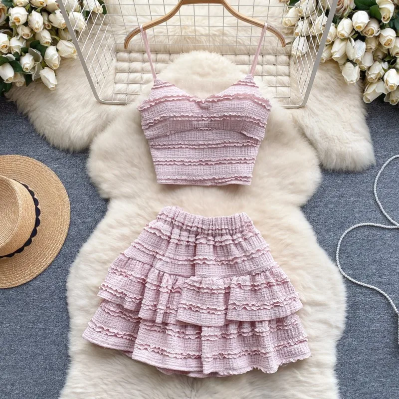 Fashion New Women Summer Solid Chic Skirts Suit Sleeveless Tanks Tops Pleated Mini Skirts Two Pieces Set Female Outfits Clothes