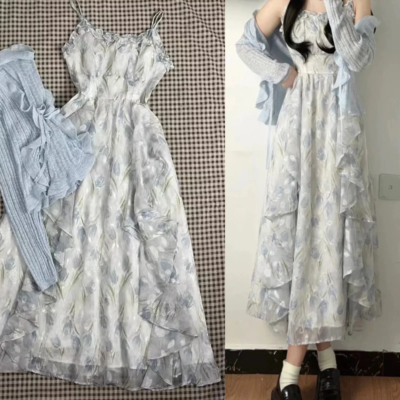 

Макси-платье с цветочным принтом и длинным свеком, накидка, кардиган, женский комплект Faion, летняя одежда Vaion Sle, солнцезащитная одежда