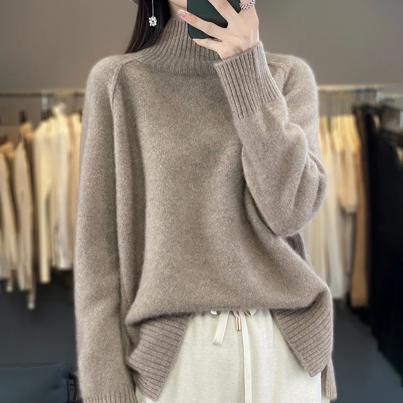 Herfst En Winter Nieuwe 100% Zuivere Wollen Trui Gebreide Dieptepunt Shirt Vrouwen Halfhoge Kraag Kasjmier Trui Losse top