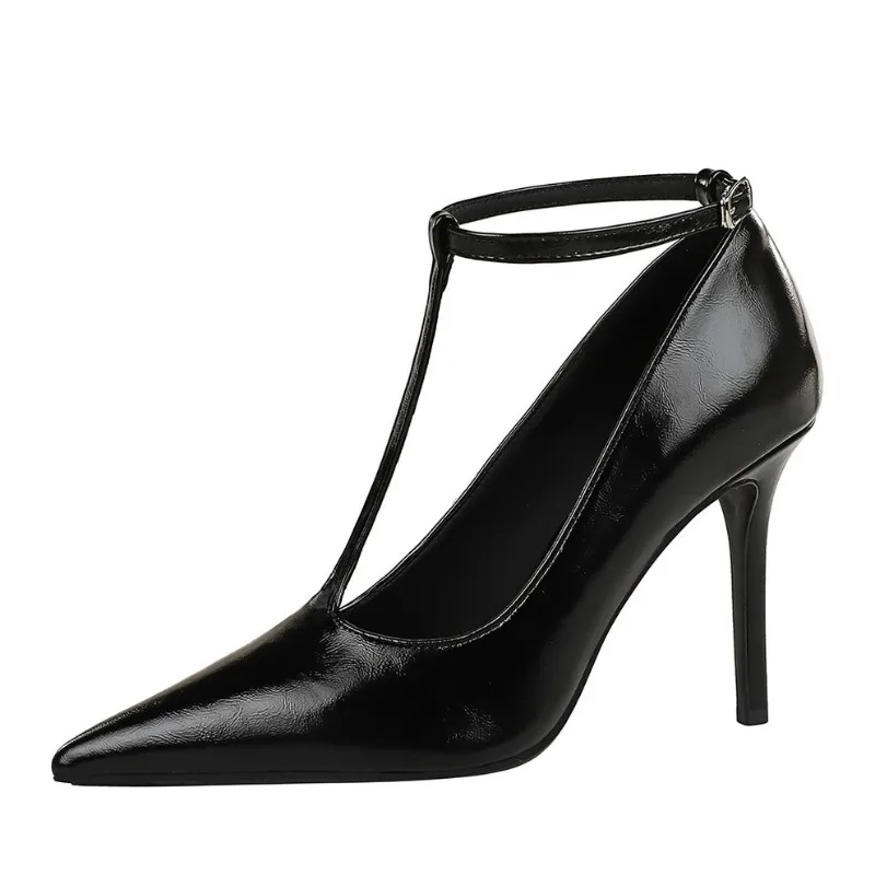 

Simple pure color pointy high-heeled shoes women's type thin heel t buckle belt temperament women's shoes