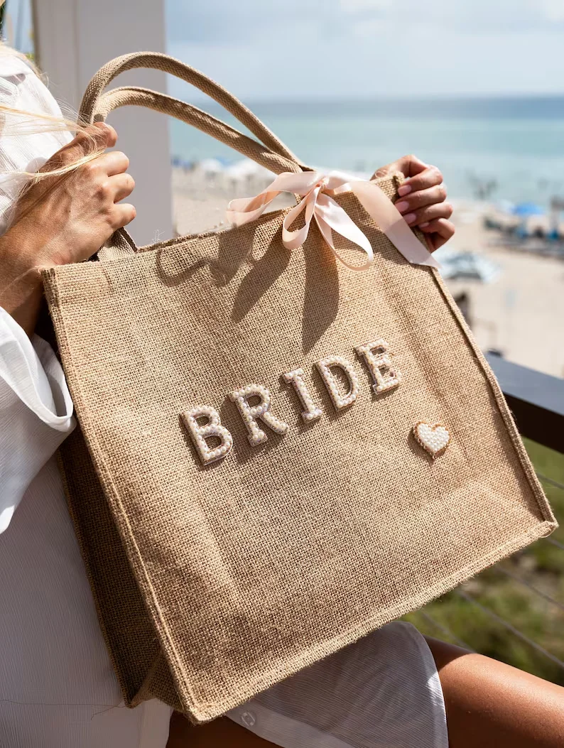 Tote bag for Bride gift Bridal shower Tote bags Bridesmaid tote Bachelorette gifts pearl decorations Creative wedding party gift