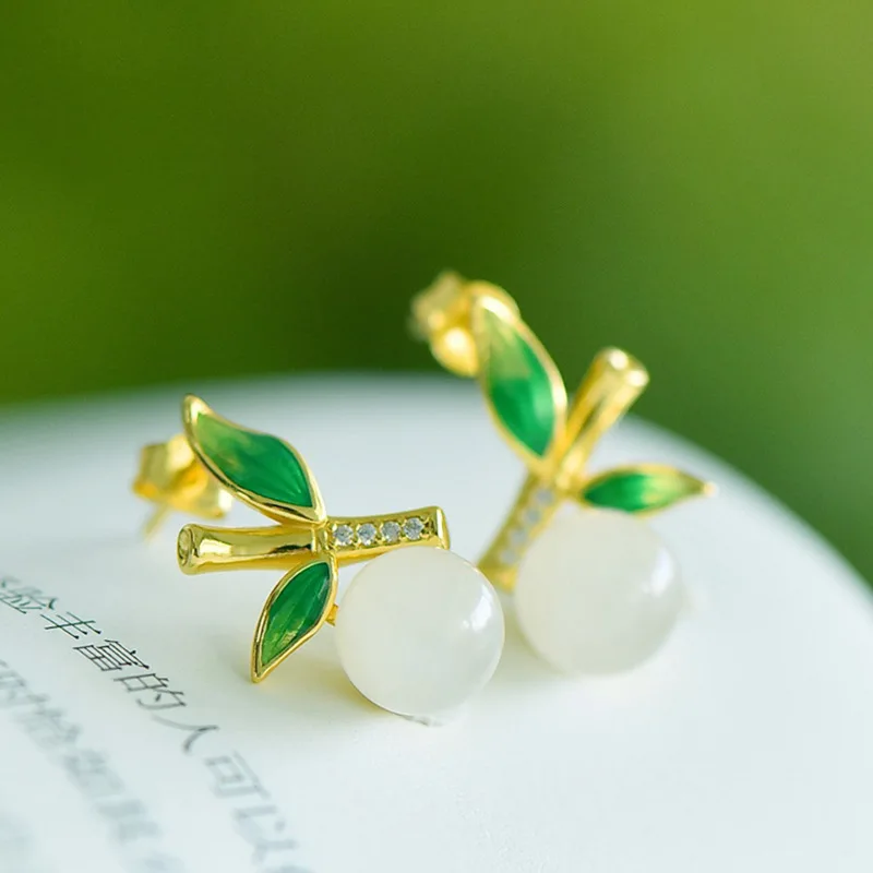 

925 Silver New Chinese Style Ancient Style Enamel Bamboo Leaf Inlaid Hetian Jade Beads Jade Earrings Studs for Women with Certif